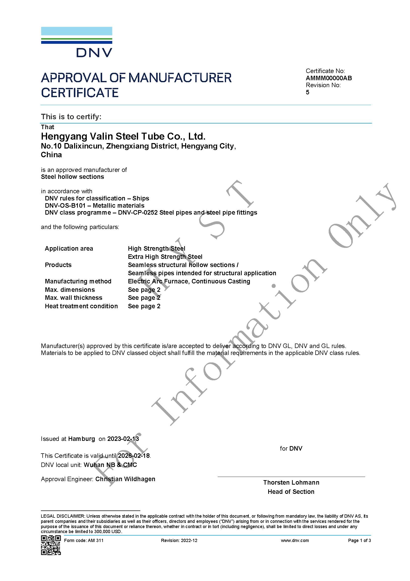 DNV  Certificate for Structural Steel Pipes